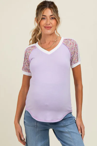 PinkBlush Lilac Floral Contrast Short Sleeve Maternity Top