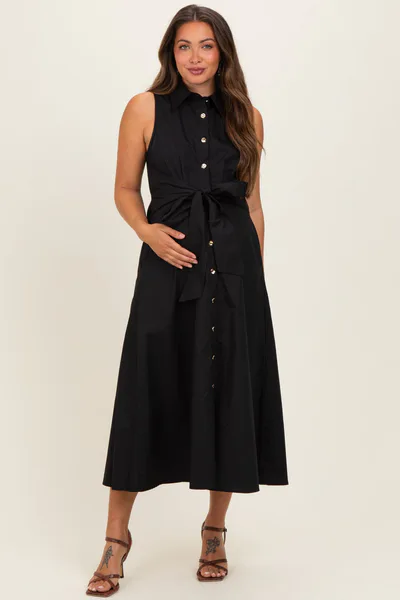 PinkBlush Black Button Up Sleeveless Maternity Midi Dress