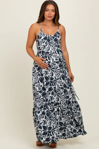 PinkBlush Charcoal Floral Waist Tie Maternity Maxi Dress
