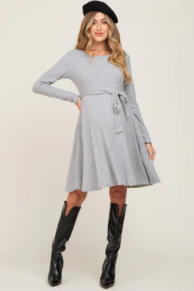 PinkBlush Heather Grey Soft Rib Knit Sash Tie Maternity Dress