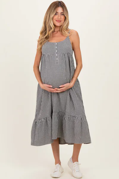 PinkBlush Black Gingham Sleeveless Maternity Midi Dress