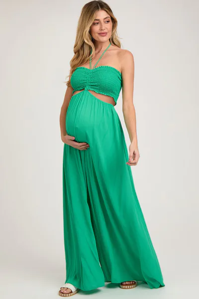 PinkBlush Green Smocked Drawstring Halter Side Cutout Maternity Jumpsuit