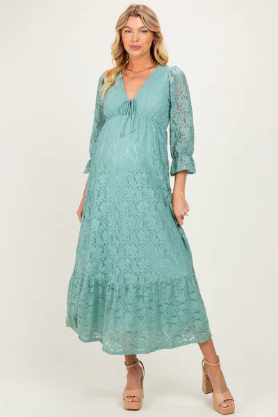 PinkBlush Blue Floral Lace 3/4 Ruffle Sleeve V-Neck Maternity Maxi Dress