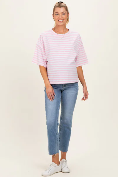 PinkBlush Light Pink Oversized Striped Maternity Boyfriend Tee