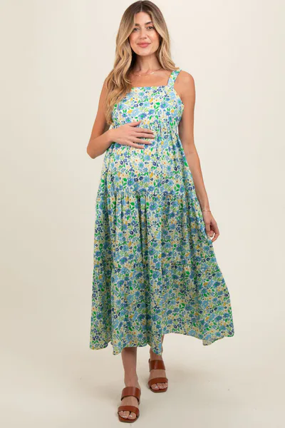 PinkBlush Blue Floral Square Neck Cut Out Back Tiered Maternity Maxi Dress