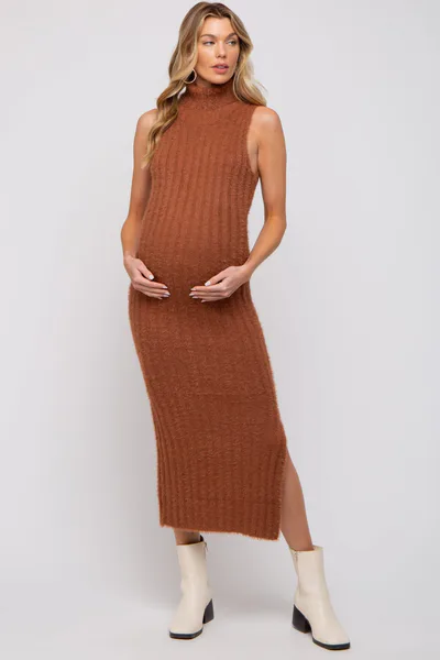 PinkBlush Camel Fuzzy Knit Sleeveless Turtle Neck Maternity Midi Dress
