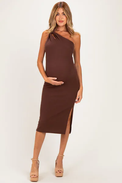 PinkBlush Brown One Shoulder Side Sit Maternity Midi Dress