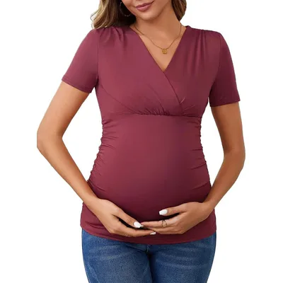 Target INSPIRE CHIC Women's Summer Nursing Blouse V Neck Short Sleeve Maternity Ruched Tops Large Red