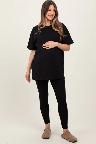 PinkBlush Black Oversized Crewneck Short Sleeve and Legging Maternity Set