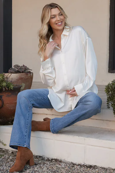 PinkBlush Cream Long Sleeve Oversized Satin Maternity Shirt