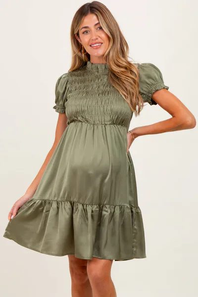 PinkBlush Light Olive Satin Smocked Mock Neck Maternity Dress
