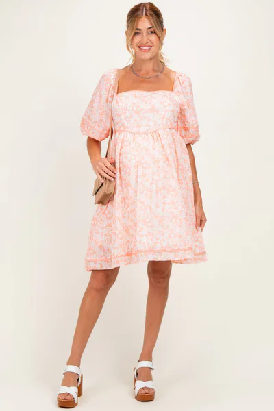 PinkBlush Coral Contrast Binded Floral Maternity Mini Dress