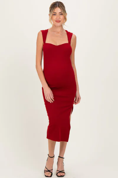PinkBlush Burgundy Cutout Fitted Maternity Midi Dress