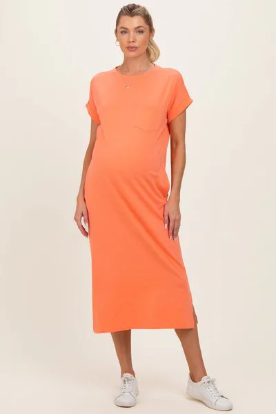 PinkBlush Peach Coral Pocket Front Maternity Midi T-Shirt Dress