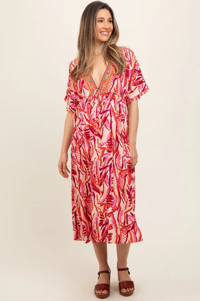 PinkBlush Orange Embroidered V-Neck Short Pom Sleeve Maternity Midi Dress