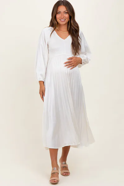 PinkBlush Cream Satin Smocked Pleated Maternity Midi Dress