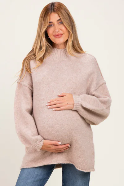 PinkBlush Oatmeal Oversized Mock Neck Maternity Tunic Sweater