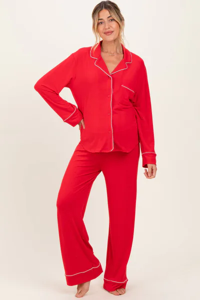PinkBlush Red Button Down Top Wide Leg Pant Maternity Pajama Set