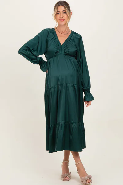 PinkBlush Hunter Green Solid V-Neck Satin Long Sleeve Maternity Maxi Dress