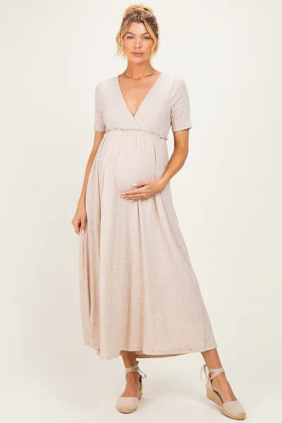 PinkBlush Oatmeal Short Sleeve V-Neck Maternity Maxi Dress
