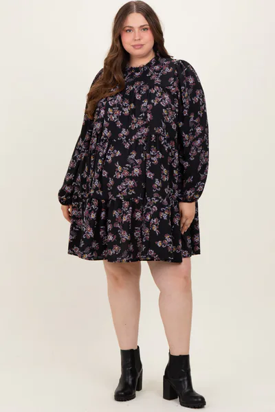 PinkBlush Black Floral Tiered Long Sleeve Plus Maternity Dress