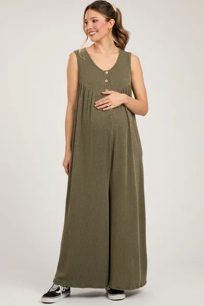 PinkBlush Olive Ribbed Sleeveless Button Front Maternity Jumpsuit