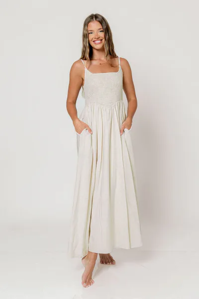 Worth Collective Josefina Smocked Maxi Dress in Light Natural - Bump Friendly *6/9 PRE-ORDER*