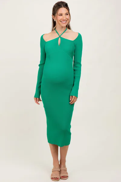 PinkBlush Green Cutout Cross-Strap Knit Maternity Midi Dress