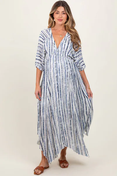 PinkBlush Navy Printed Deep V-Neck Maternity Midi Dress
