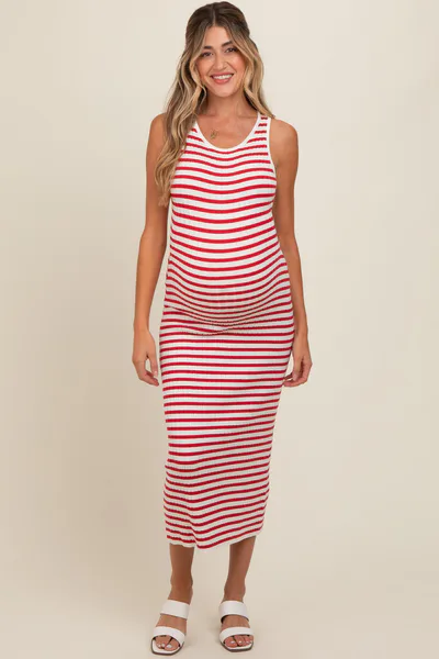 PinkBlush Red Sleeveless Round Neck Striped Rib Sweater Maternity Midi Dress