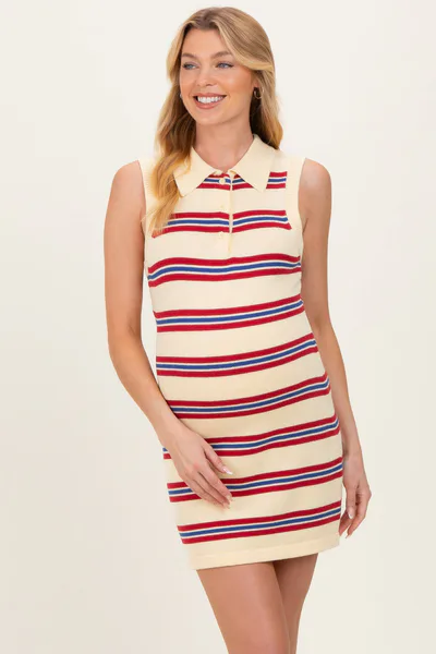 PinkBlush Butter Striped Knit Sleeveless Maternity Polo Dress