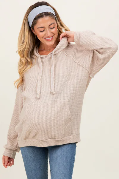 PinkBlush Beige Long Sleeve Solid Maternity Hoodie Top