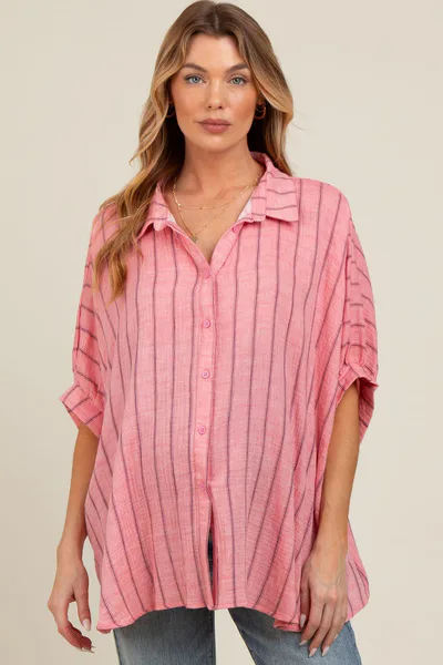 PinkBlush Pink Striped Collared Oversized Maternity Top