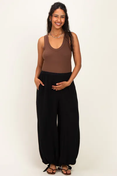PinkBlush Black Cotton Gauze Tie Hem Maternity Pants