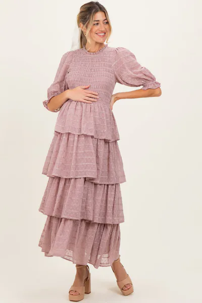 PinkBlush Mauve Smocked Swiss Dot Tiered Maternity Maxi Dress
