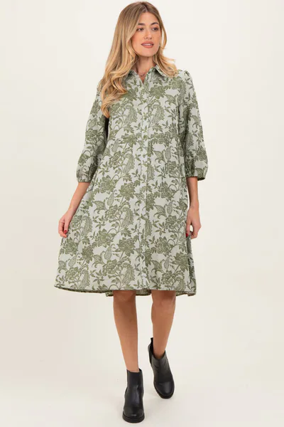 PinkBlush Olive Floral Button Down 3/4 Sleeve Maternity Midi Dress
