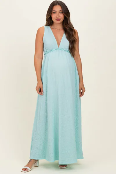 PinkBlush Mint Sleeveless Deep V-Neck Maternity Maxi Dress