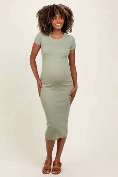 PinkBlush Light Olive Short Sleeve Rib Knit Maternity Midi Dress