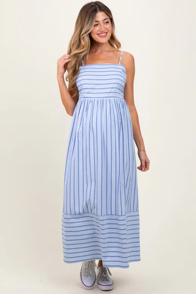 PinkBlush Light Blue Striped Sleeveless Maternity Maxi Dress