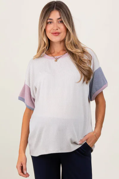 PinkBlush Cream Solid Ribbed Color Block Short Sleeve Maternity Tunic Top