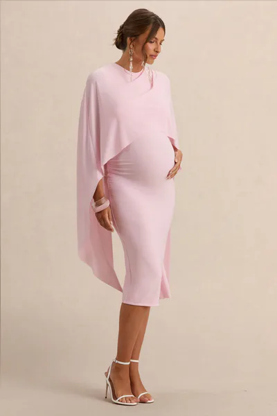 Club L London Arwen | Light Pink Round-Neck Maternity Midi Dress With Cape Detail