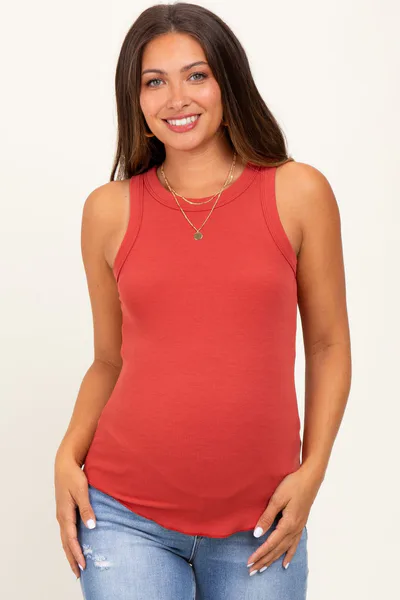 PinkBlush Rust Ribbed Basic Crew Neck Maternity Tank