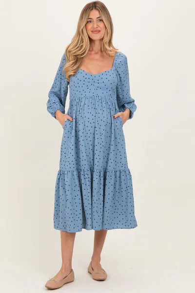 PinkBlush Dusty Blue Polka Dots Sweetheart Neck Maternity Midi Dress