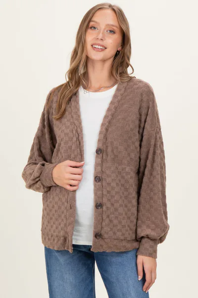 PinkBlush Mocha Checkered Knit Button Front Maternity Cardigan