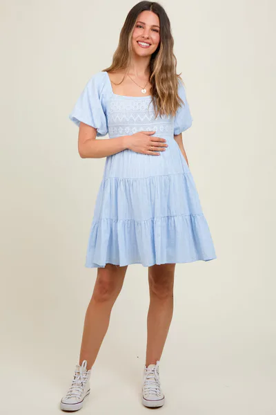 PinkBlush Light Blue Crochet Tiered Maternity Dress