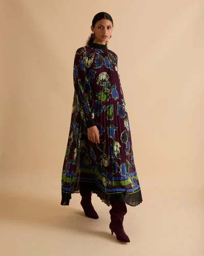 For The Creators Printed High Neck Pleated Midi Dress