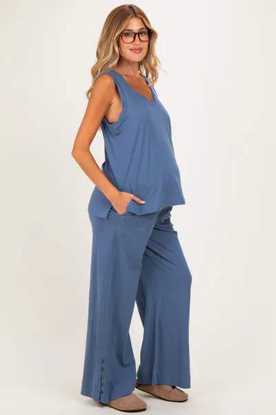 PinkBlush Blue Button Detail Tank Wide Leg Pant Maternity Set