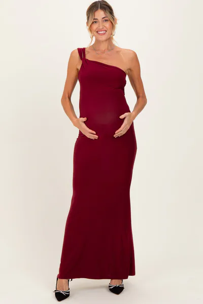 PinkBlush Burgundy Double Strap One Shoulder Maternity Maxi Dress