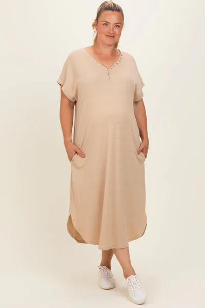 PinkBlush Camel Striped Button Detail Maternity Plus Midi Dress