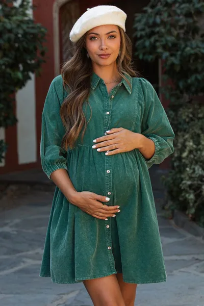 PinkBlush Green Corduroy Button Down Collared Maternity Dress